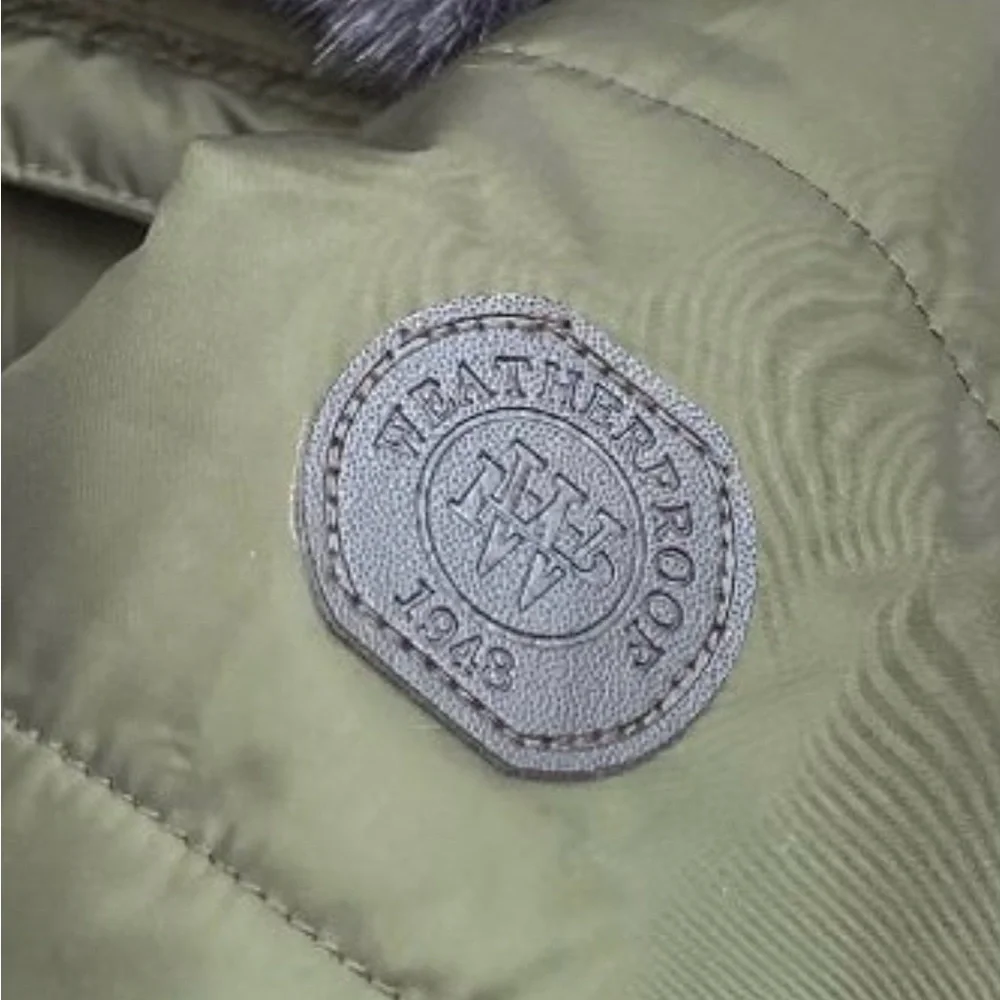 Weatherproof Olive Puffer Jacket with Black Faux Fur Collar